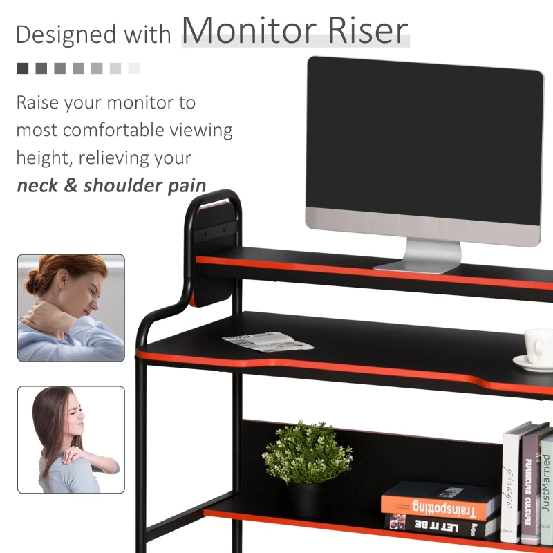 HOMCOM Gaming Writing Desk Computer Table with Raised Monitor Stand Home Office