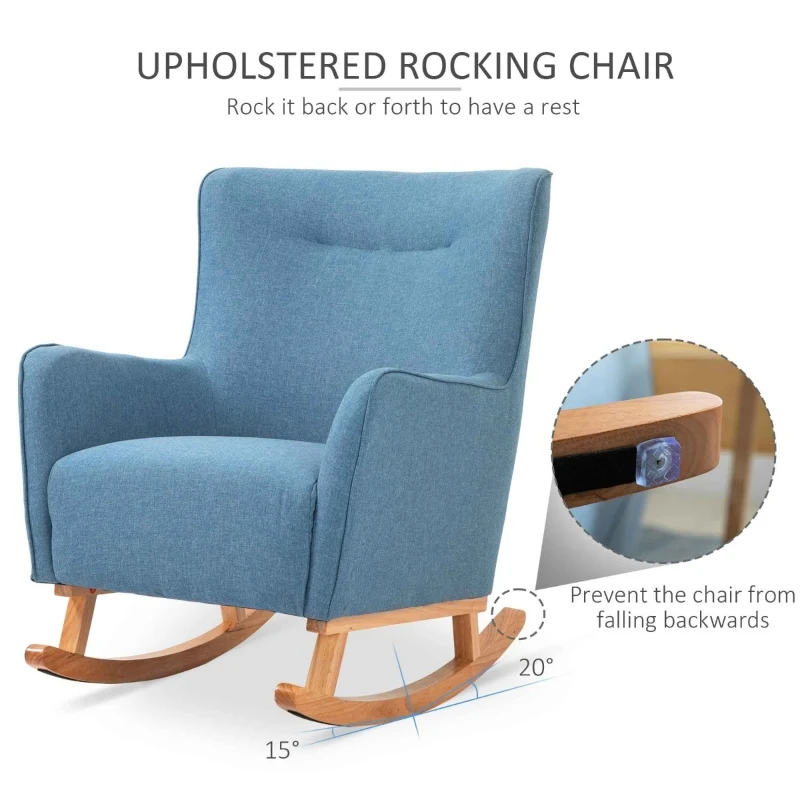 HOMCOM Modern Rocking Chair Sofa Armchair Modern Accent Chair with Thick Padding, Winged Back for Living Room, or Bedroom, Blue