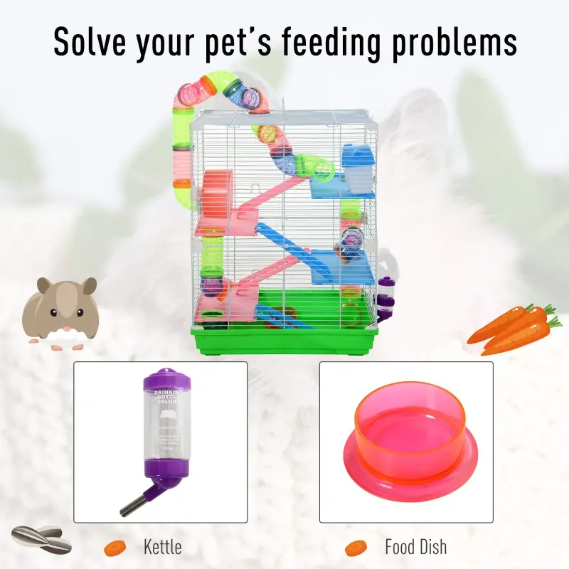 PawHut 5 Tiers Hamster Cage Portable Animal Travel Carrier w/ Exercise Wheels Tube