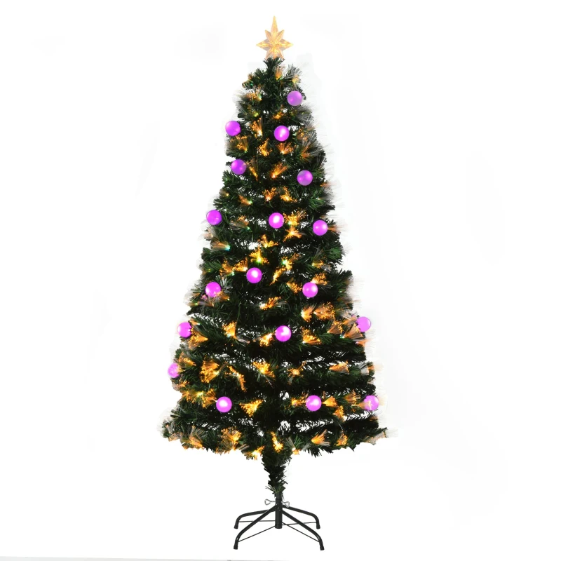 HOMCOM 6ft Christmas Tree Pre-Lit Artificial with Pink and Yellow Fiber-Optic Ball LED Lights