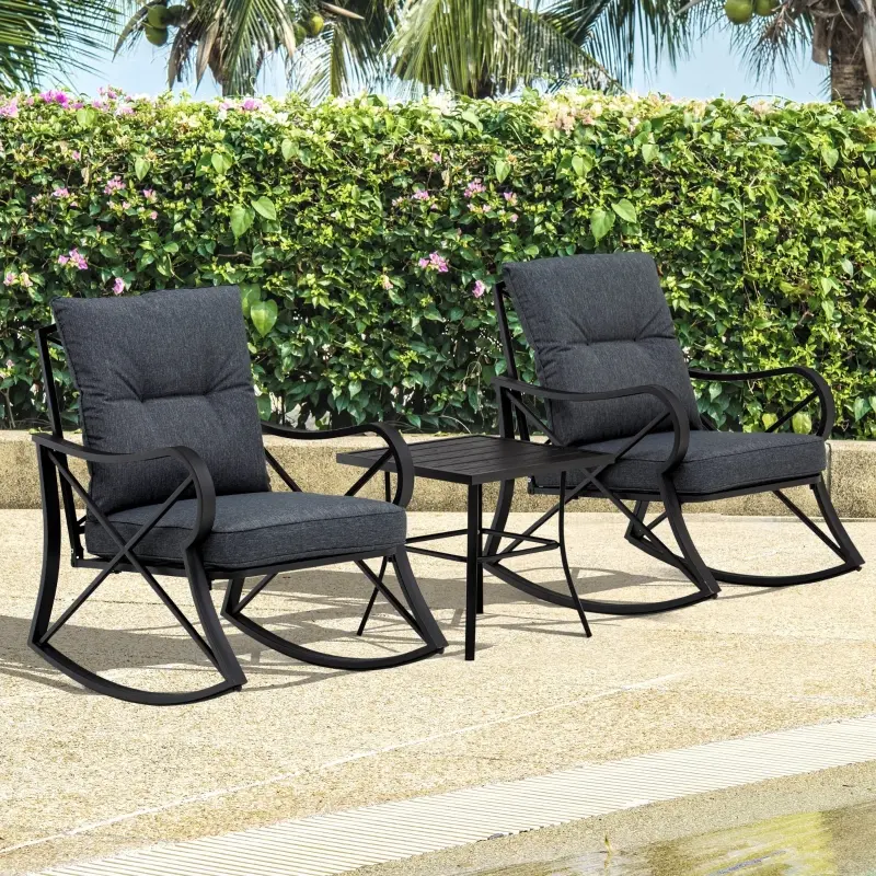 Outsunny 3-Piece Patio Bistro Set Outdoor Rocking Coffee Table Chair Set with Curved Base, Soft Cushions, Steel Frame, Black