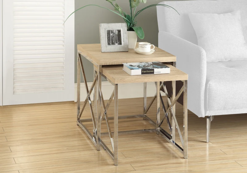 Monarch Contemporary 2 Piece Wood Grain-Look Top Chrome Metal Frame Accent Side Nesting Table Set - Natural Finish