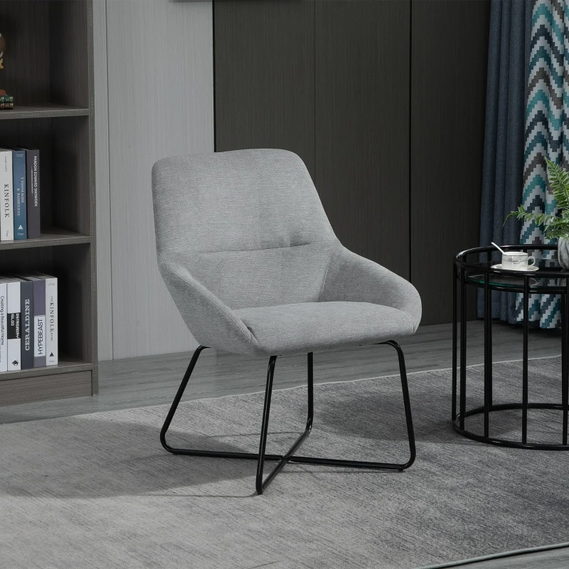 HOMCOM Modern Accent Chair Leisure Fabric Mid Back Chair Livingroom Funiture with X-Shaped Metal Frame and Curved Back, Grey/Black