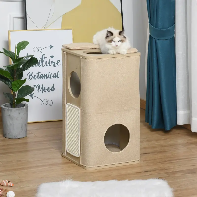 PawHut Wooden Cat Condo 3 Story Barrel Tower w/ Perch Removable Cover Cushions Sisal Scratching Carpet, Brown