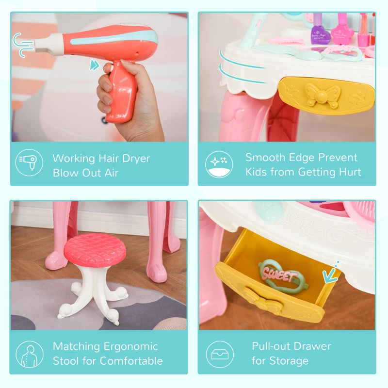 Qaba Kids Vanity Makeup Table Set with Chair and 20-Piece Collection, Princess Vanity Table and Stool with Mirror Lights, Imaginative Toy for 3-4 Years Old