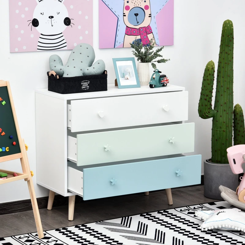 HOMCOM Kids Cabinet Bedroom Storage Unit 3 Drawer Toy Stand Sea Blue