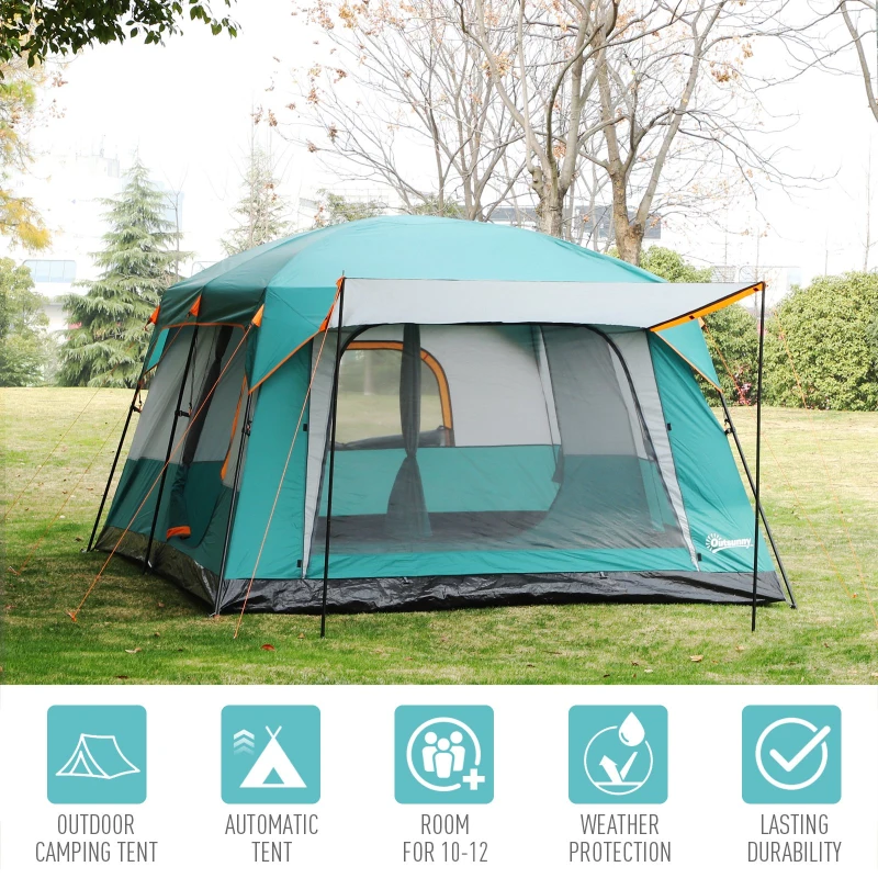 Outsunny Outdoor 3-Room Camping Tent For 10-12 W/ Build-in Bag, Lighting Hook, Carrying Bag