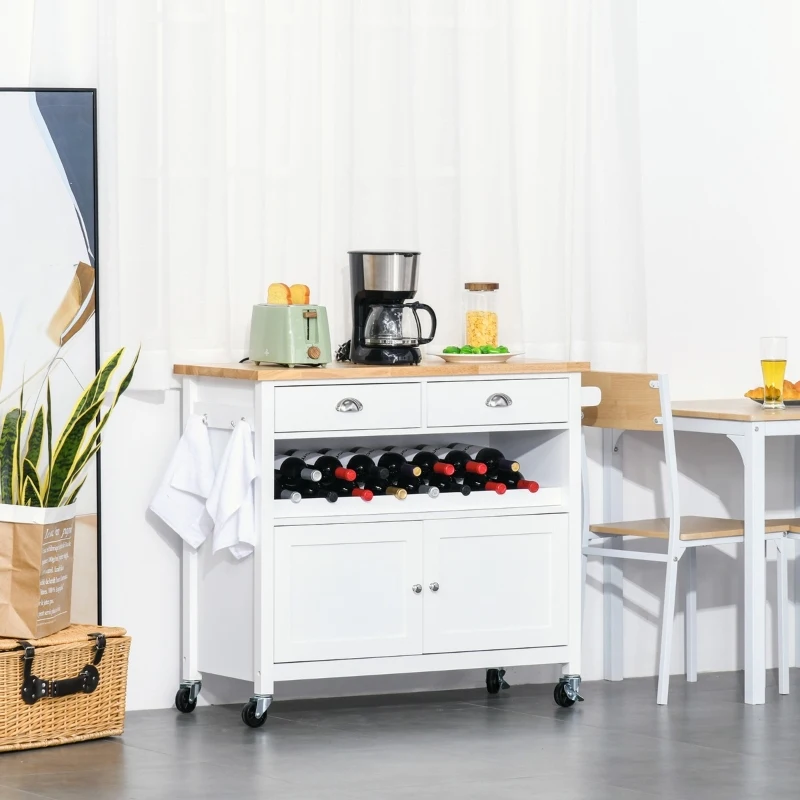 HOMCOM Rolling Kitchen Island Cart, Trolley Cart with Wine Rack, Rubberwood Top, Drawer and Hook, White