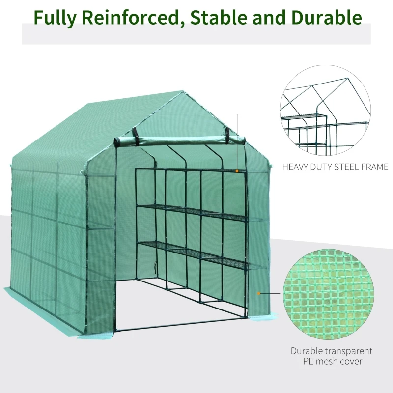 Outsunny Walk-in Greenhouse Plant Garden Hot House with 3 Tiers 18 Shelves, Roll-Up Zipper Door, Growing Shelter for Flowers, 8' x 6' x 7', Green