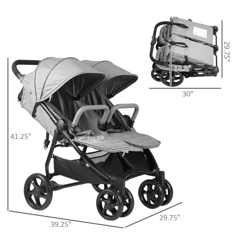 Qaba Side by Side Baby Double Stroller for Toddlers Twin Pushchair with Adjustable Backrest Foot Holder Canopy Safety Harness and Storage Basket Shock Suspension Grey