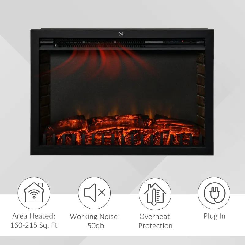 HOMCOM 30" Electric Fireplace Insert, Modern Recessed Fireplace Heater with Realistic Flame, Adjustable Brightness, and Remote Control, Heats 215 Sq. Ft., 750/1500W, Black