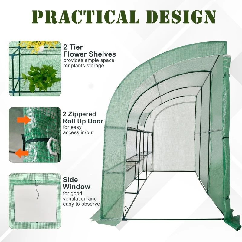 Outsunny 10' x 5' x 7' Lean to Greenhouse, Walk-In Wall Green House Plant Nursery with 2 Roll-up Doors and Window, PE Cover and 3 Wire Shelves, Green