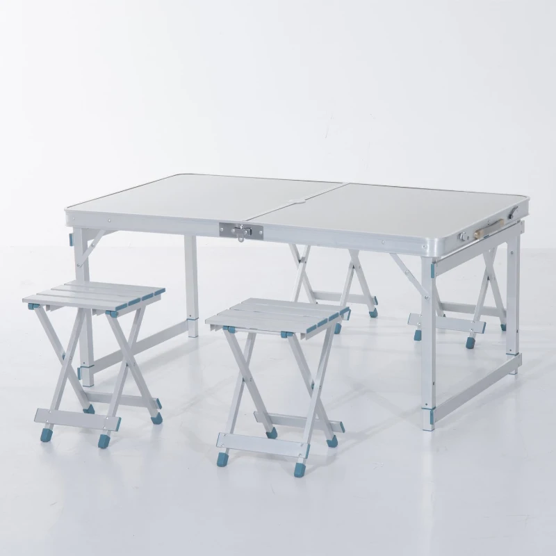Outsunny 4' Portable Folding Picnic Table with 4 Seats Aluminum Height Adjustable Outdoor Garden Table and Chair Set, Silver