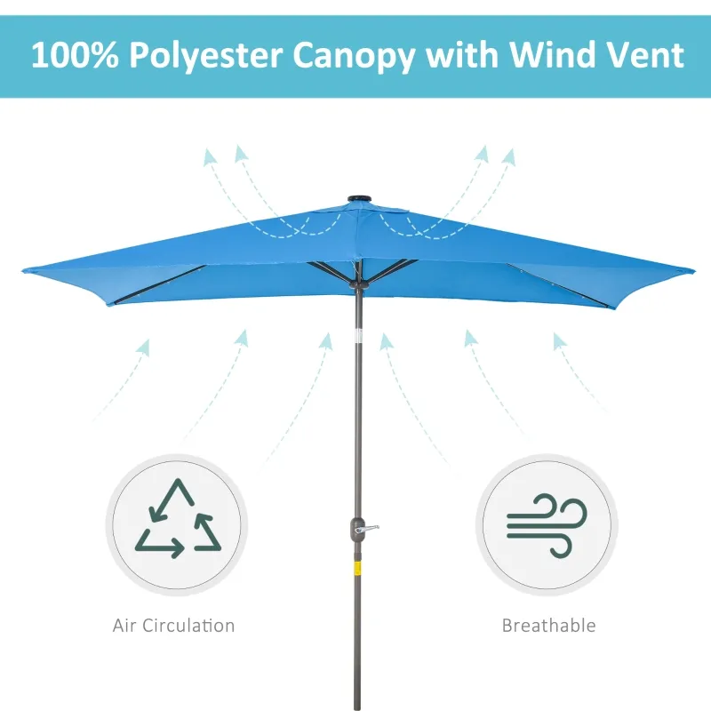 Outsunny 6.5x10ft Patio Umbrella Rectangle Solar Powered Tilt Aluminum Outdoor Market Parasol with LEDs Crank (Turquoise)