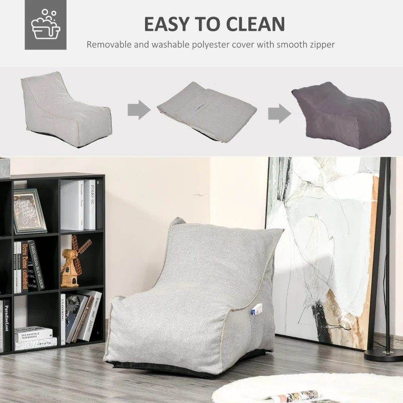 HOMCOM Bean Bag Chair, Stuffed Large Lounger for Indoors, Includes Washable Cover, Side Pockets and Backrest, for Kids and Adults, Grey