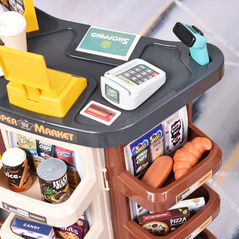 Qaba Kids Supermarket Playset with Shopping Cart Pretend Play Set Toys with Working Scanner & Credit Card Reader Play Toy Accessories Light & Sound for 3 to 6 Years Brown