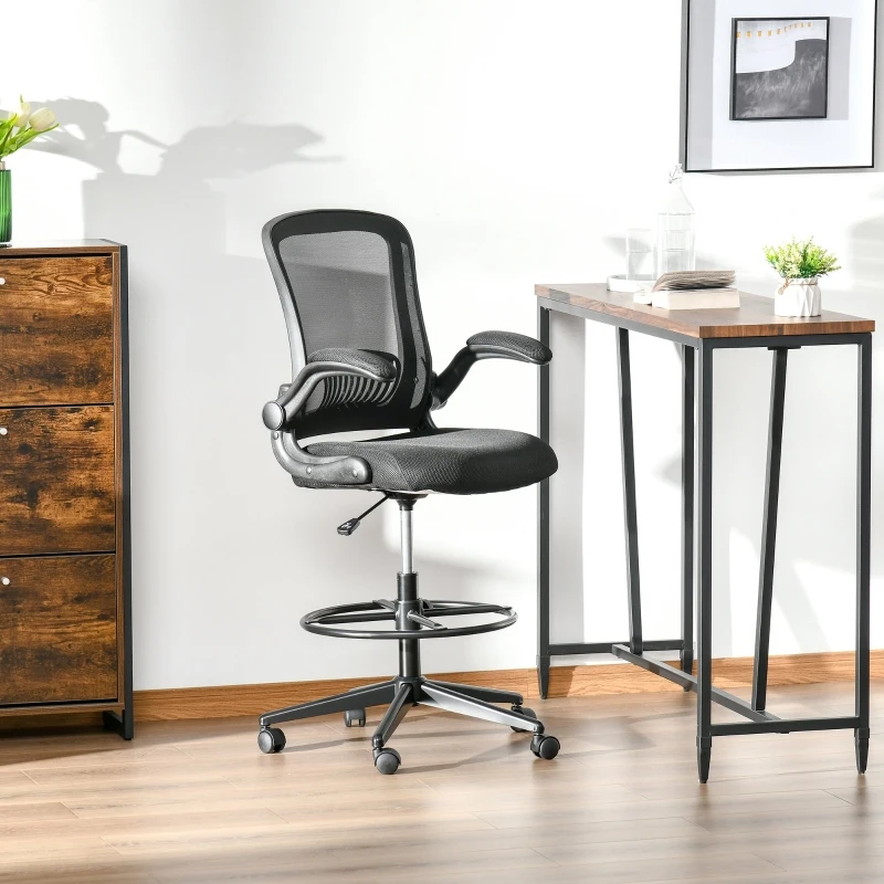 Vinsetto Tall Drafting Desk Chair Computer Desk Home Office Mesh Standing Chair with Mid Back, Foot Ring, Flip-up Arm, 360° Swivel Wheels, Black