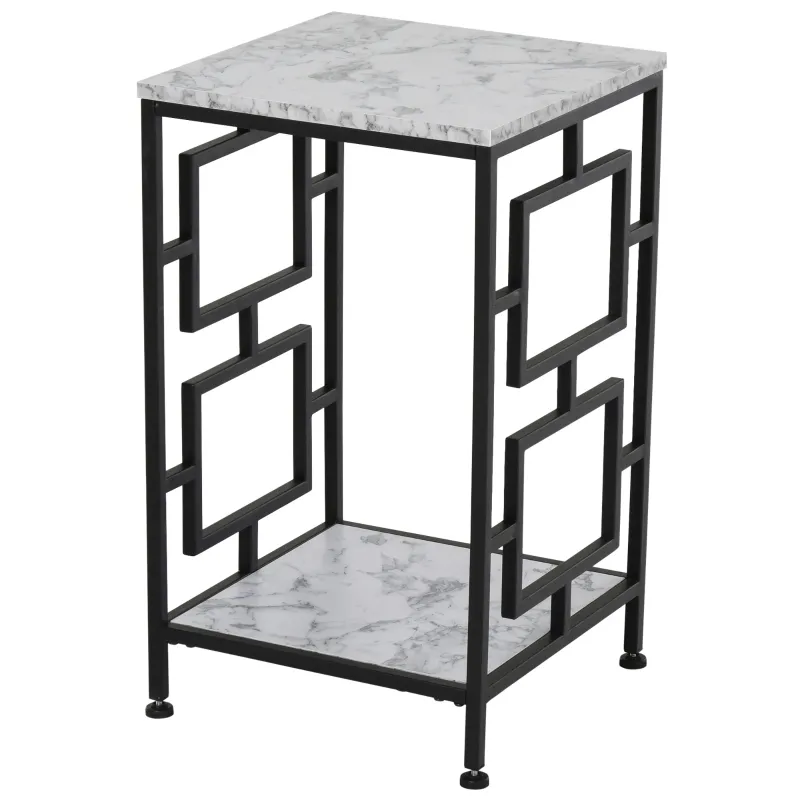 HOMCOM Modern End Table, Nightstand with Marble Textured Top, Sofa Side Table with Metal Frame for Living Room, Black