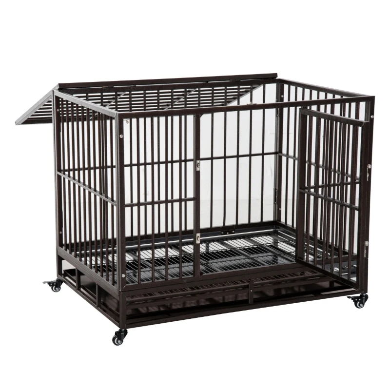 PawHut 42" Heavy Duty Dog Crate Metal Cage Kennel with Lockable Wheels, Double Door and Removable Tray, Brown