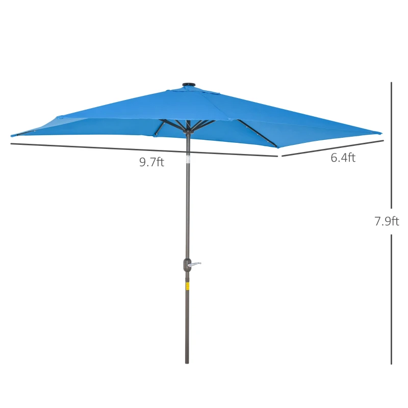 Outsunny 6.5x10ft Patio Umbrella Rectangle Solar Powered Tilt Aluminum Outdoor Market Parasol with LEDs Crank (Turquoise)