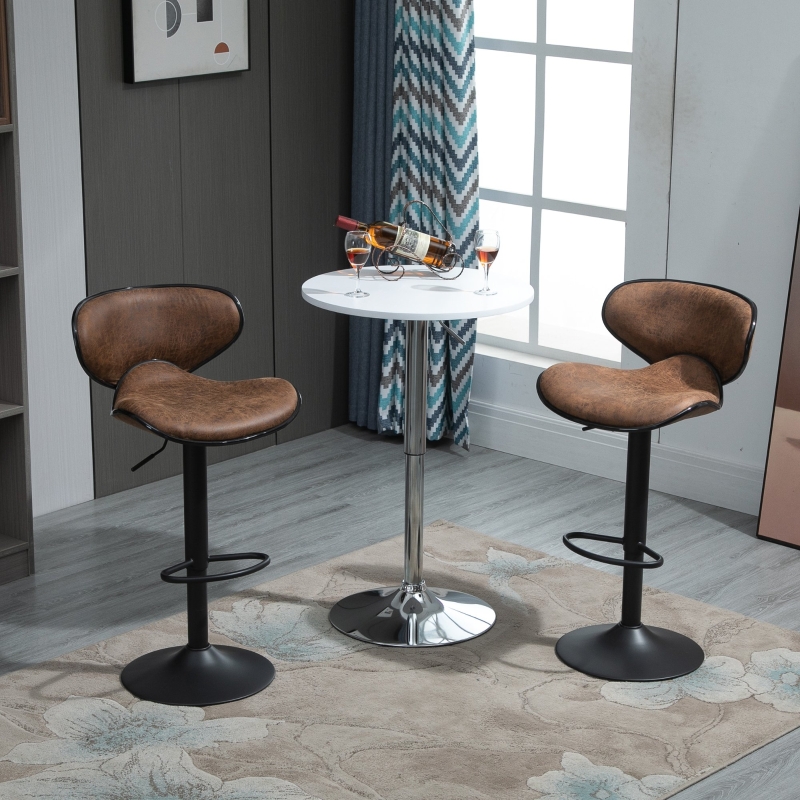 HOMCOM Vintage Bar Stool Set of 2 Faux Leather Adjustable Height Armless Chairs with Swivel Seat, Brown