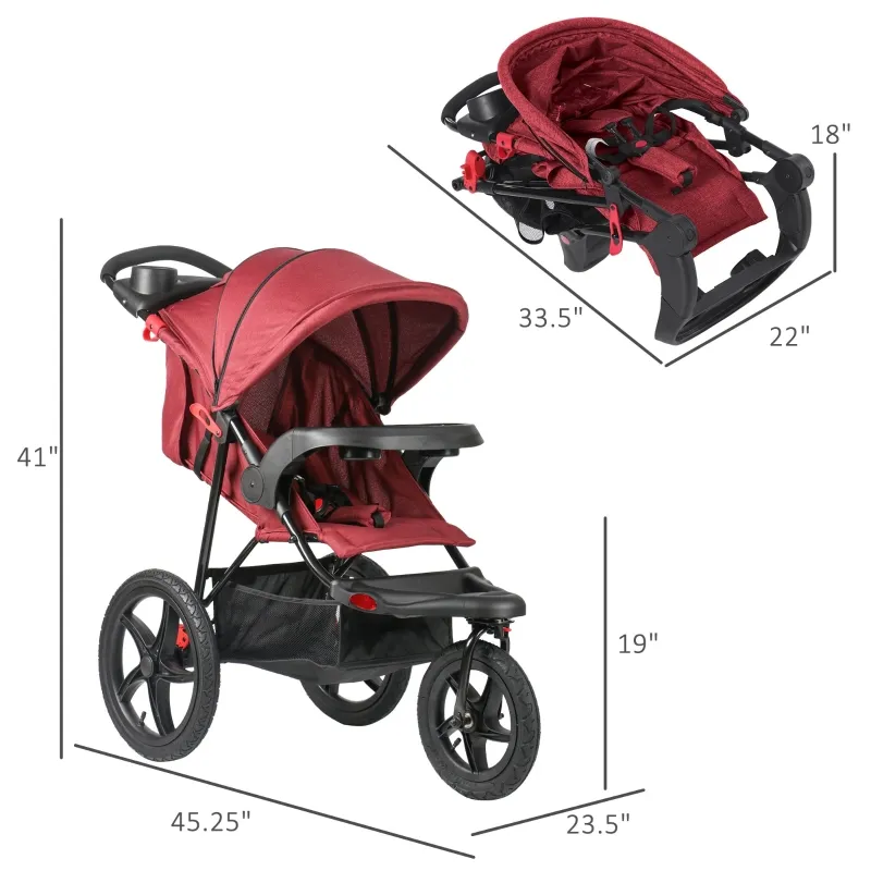 Qaba Baby Stroller Foldable Carriage for Toddler with Adjustable Backrest and Canopy Suspension System Rubber Tire 5-Point Harness Cup Holder Storage Basket Red