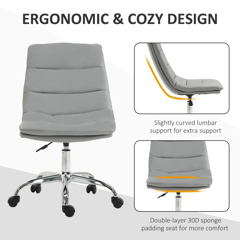 Vinsetto Armless Office Chair Ergonomic Computer Desk Chair Mid-Back Upholstered Task Chair with PU Leather, Adjustable Height and Swivel Seat, Grey