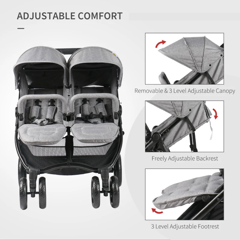 Qaba Side by Side Baby Double Stroller for Toddlers Twin Pushchair with Adjustable Backrest Foot Holder Canopy Safety Harness and Storage Basket Shock Suspension Grey