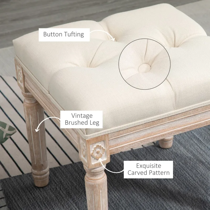 HOMCOM Ottoman Bench Vintage Footrest w/ Button Tufted Seat, Carved Wooden Legs, Beige