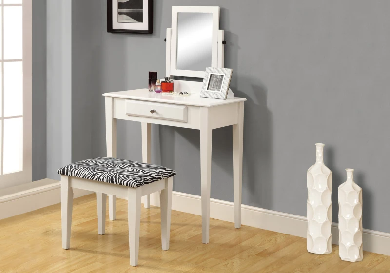 Monarch 2 Piece Contemporary Swivel Mirror Makeup Vanity Table Set with Zebra-Print Stool - White Finish