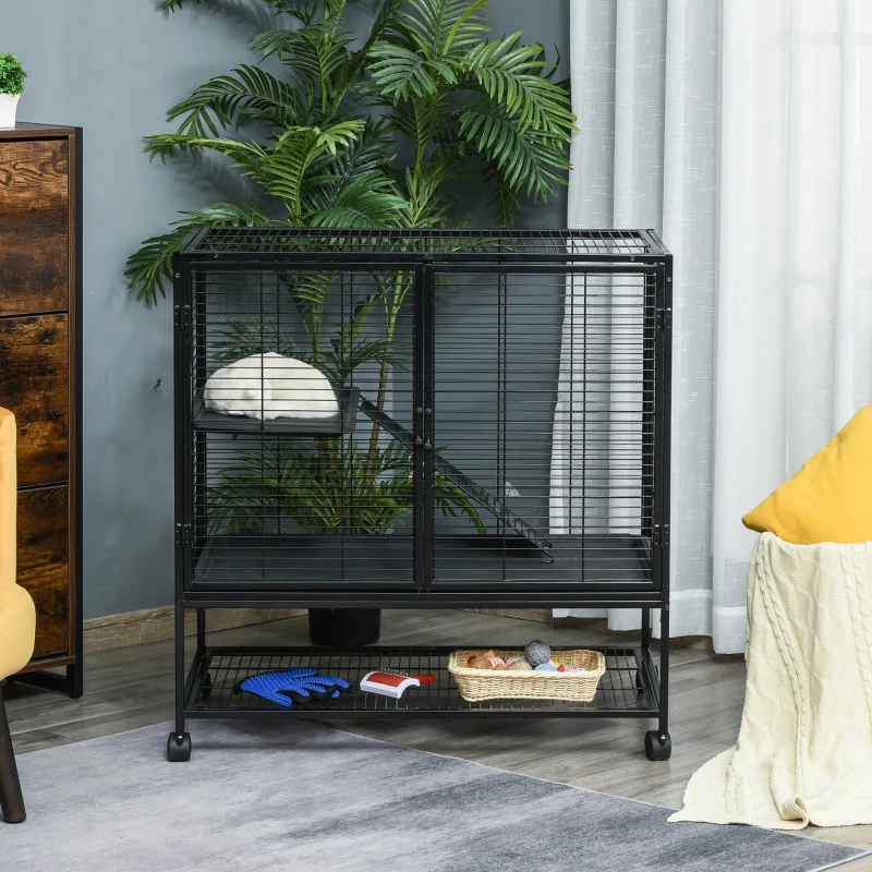 PawHut 42" Small Animal Cage with Wheels Removable Tray, 2-Tier Pet Playpen for Ferrets Chinchillas Guinea Pigs Kittens with Platform, Ramp