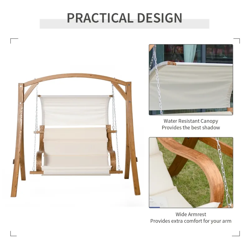 Outsunny Wooden Porch Swing Chair A-Frame Wood Log Swing Bench Chair With Canopy and Cushion for Patio Garden Yard