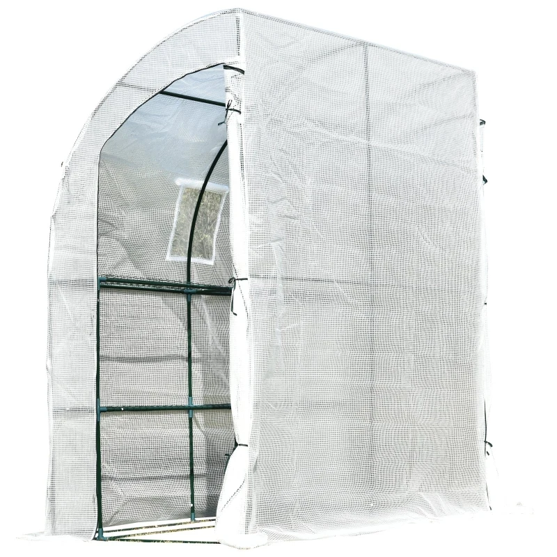 Outsunny 7' x 3' x 7' Outdoor Lean-to Walk-In Greenhouse, Plant Gardening Green House with Roll-up Mesh Windows, Zipper Door and 3-Tier Shelves, White and Green Frame