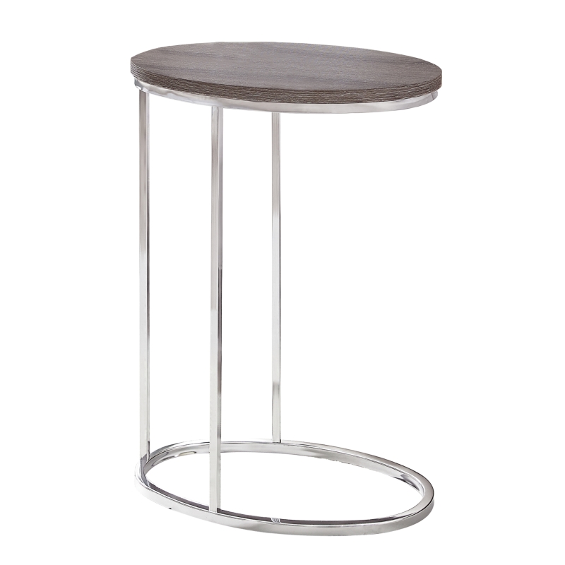 Monarch 25" Contemporary Oval Wood Grain-Look Top Chrome Metal Base C-Shaped Side Accent Table - Dark Taupe Finish