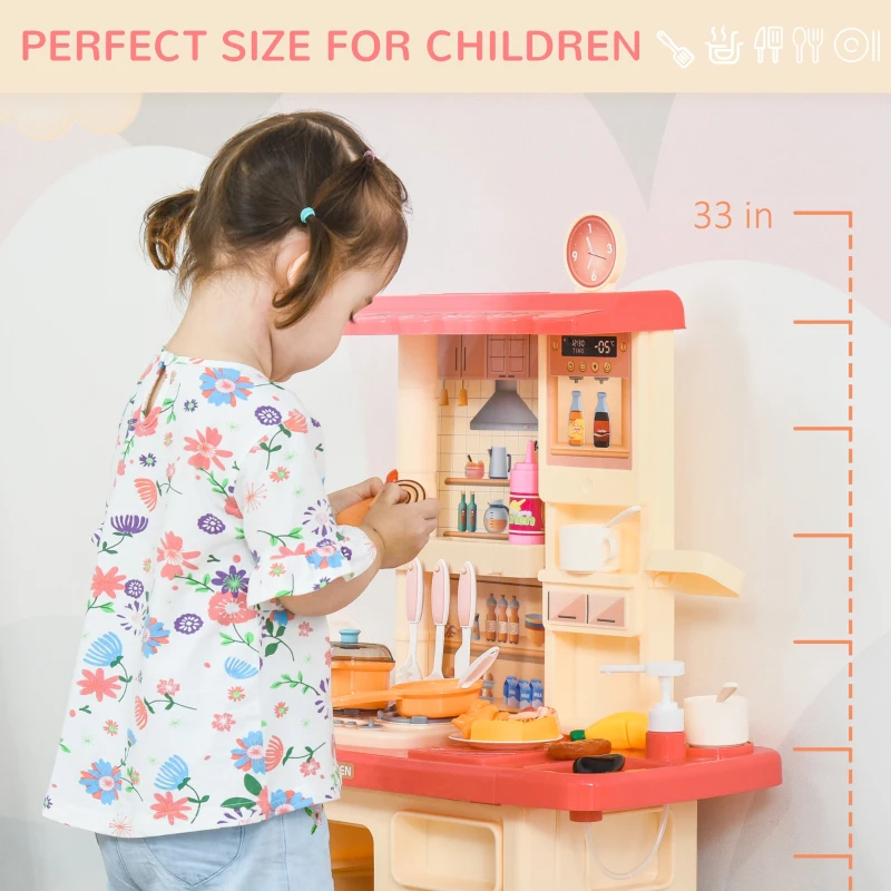 Qaba Kids Kitchen Play Set Role Play Cooking Toy, Educational Pretend Playset Game, w/ Water Circulation Spray Music Sound Light, 360° Rotation Faucet for 3-6 Years Old Beige, Pink
