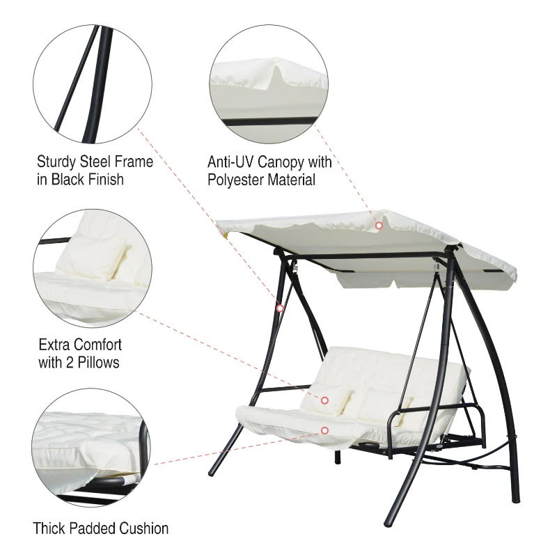 Outsunny 3 Seater Swing Chair 2-in-1 Lounge Hammock Cushioned Seat Portable Outdoor Porch with Canopy Cream White