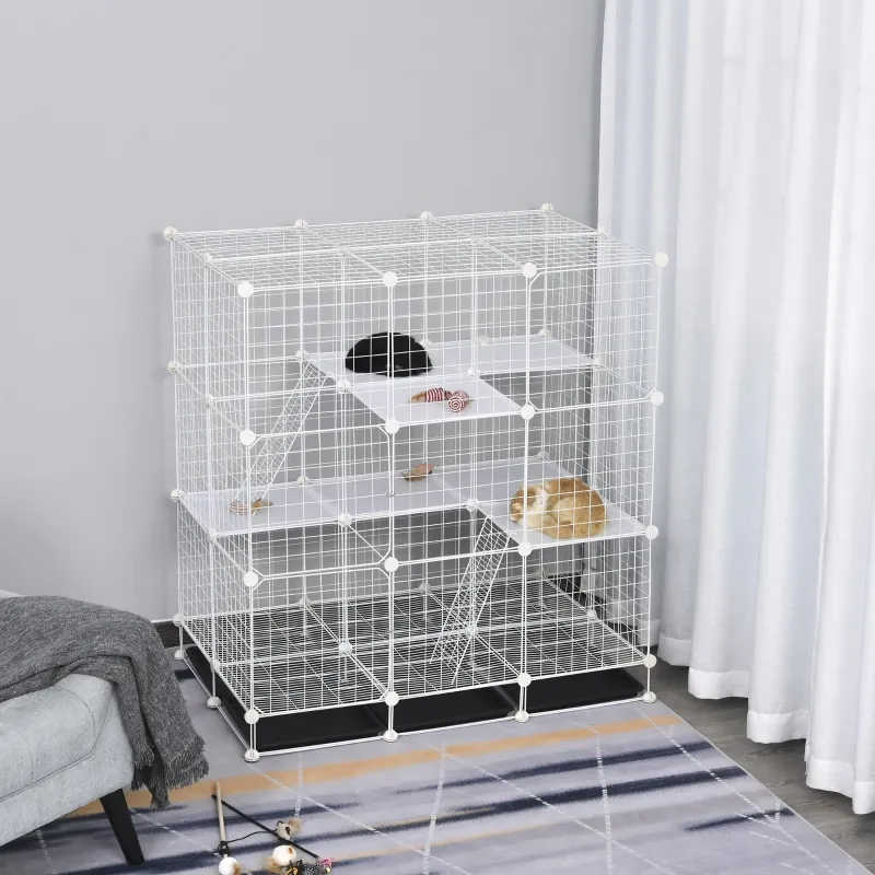 PawHut Small Animal Playpen C&C Cage Wire Bunny Pen for Kitten, Chinchillas, with Doors, Ramps and Trays, White