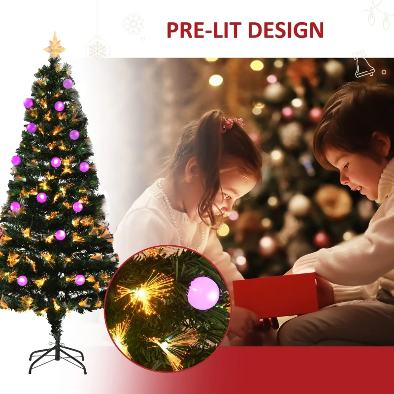 HOMCOM 6ft Christmas Tree Pre-Lit Artificial with Pink and Yellow Fiber-Optic Ball LED Lights