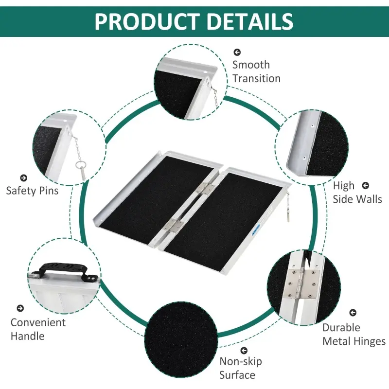 HOMCOM Wheelchair Ramp 2FT, Folding Aluminum Threshold Ramp with Non-Slip Surface, Transition Plates, 600lbs Weight Capacity, Handicap Ramp for Home, Doorways, Curbs, Steps