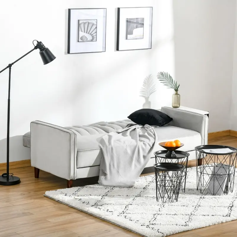 HOMCOM Convertible Sofa Sleeper Futon with Split Back Design Recline, Thick Padded Velvet-Touch Cushion Seating and Wood Legs, Light Grey
