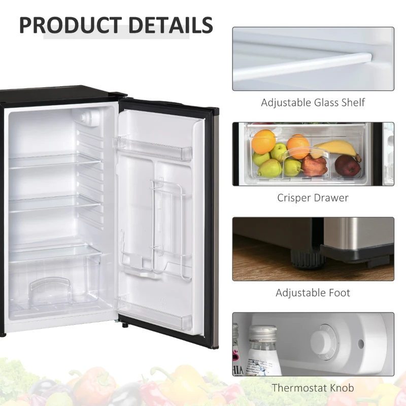 HOMCOM Mini Fridge with Freezer, Compact Mini Refrigerator with 3.1Cu Ft Capacity, Adjustable Shelves and Temperature and Reversible Door for Bedroom, Black/Silver