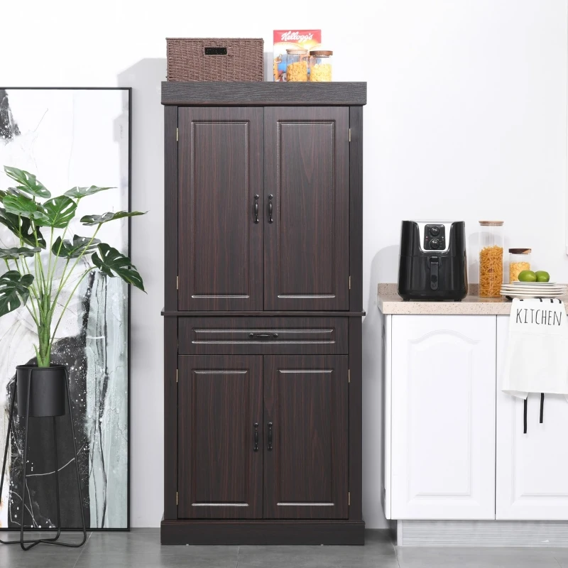 HOMCOM 71" Freestanding Kitchen Pantry Cabinet, Tall Storage Cabinet with 4 Doors and Drawer for Dining Room, Coffee
