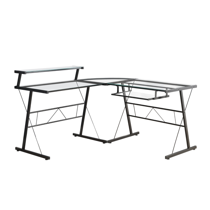 Monarch L-Shaped Contemporary Glass Top Computer Desk Workstation - Black Metal