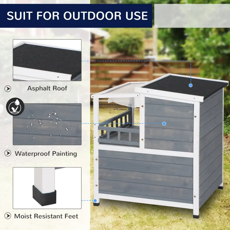 PawHut 2-Story Wooden Cat House Feral Cat Shelter with Transparent PVC Canopy, Balcony, Escape Door and Openable Weatherproof Roof for Outdoor, Grey