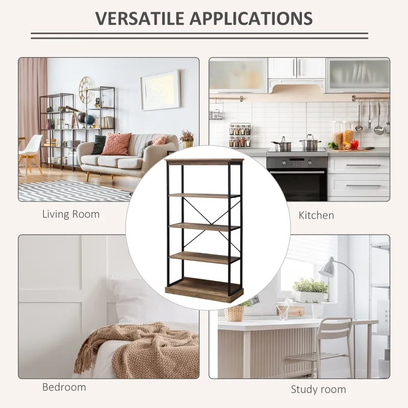 HOMCOM 4-Tier Industrial Bookshelf, Floor Standing Display Shelf, Bookcase with Metal Frame and Storage Shelving unit for Home Office, Living Room, Bedroom, Brown