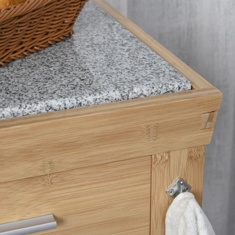 HOMCOM Bamboo Rolling Kitchen Island on Wheels Storage Cart with Granite Top, a Slide-Out Basket & Wine Storage Rack