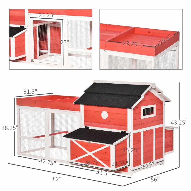 PawHut 82" Chicken Coop Wooden Rabbit Hutch Small Animal Habitat Hen Ducks House with Run Nesting Box Waterproof Roof, Red