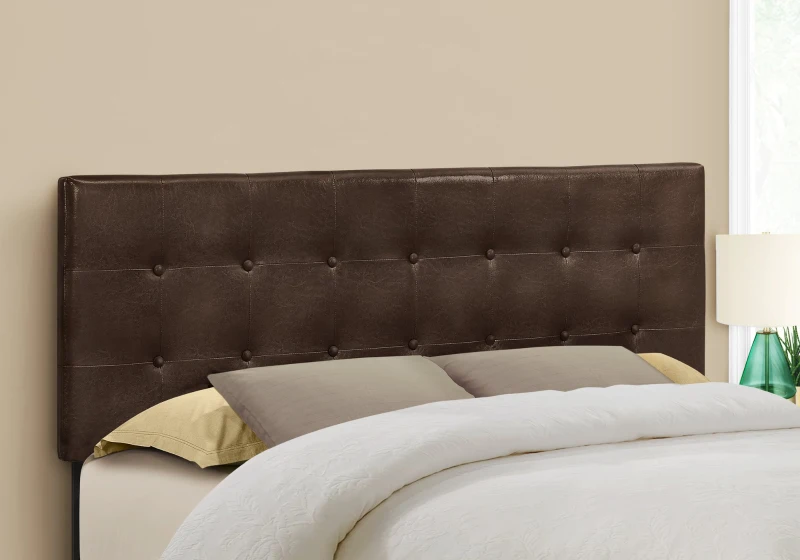 Monarch Queen Size Button Tufted Headboard with Leather-Look Upholstery - Brown