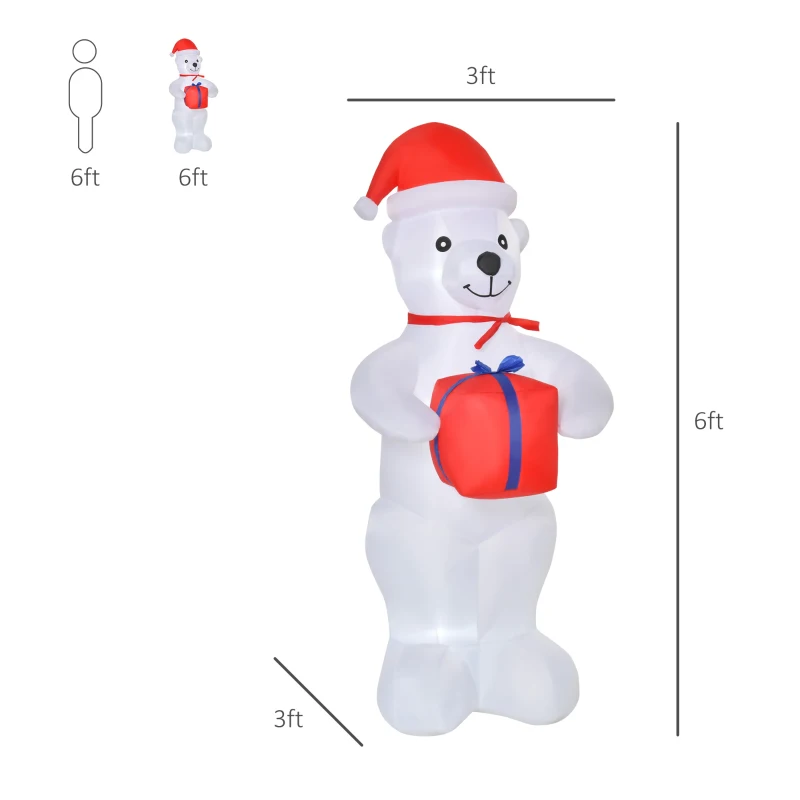 HOMCOM 6ft Christmas Inflatables Outdoor Decorations Polar Bear with a Present, Blow-Up Yard Christmas Decor with LED Lights Display