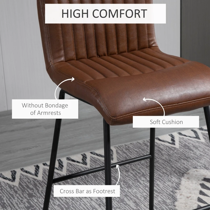 HOMCOM 30" Industrial Bar Stool, PU Leather Barstool with Footrest, Upholstered Armless Pub Height Chair, Brown / Black